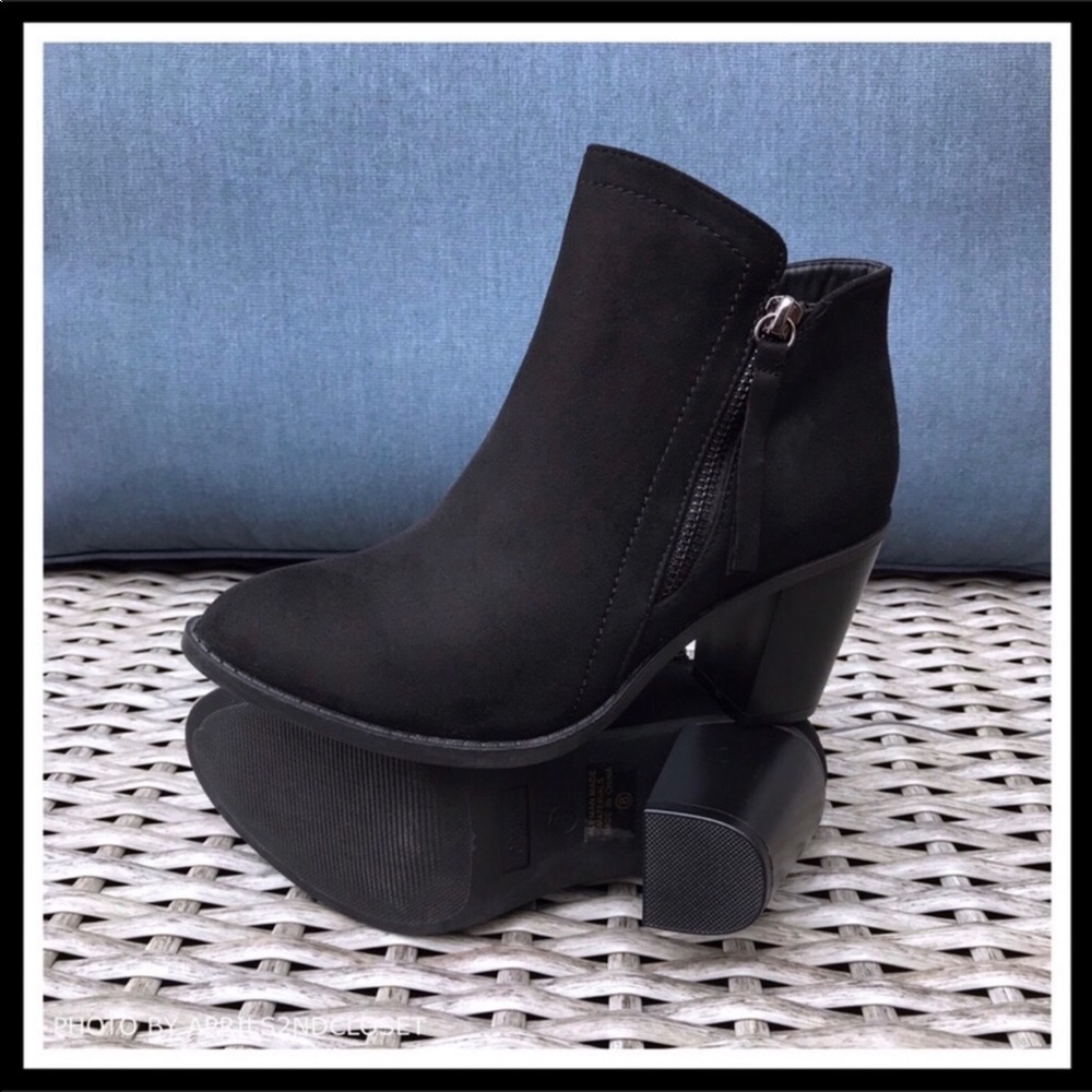 BLACK ANKLE BOOTIES MOTO BLOCK HEEL BOOTS A3C - Picture 7 of 8